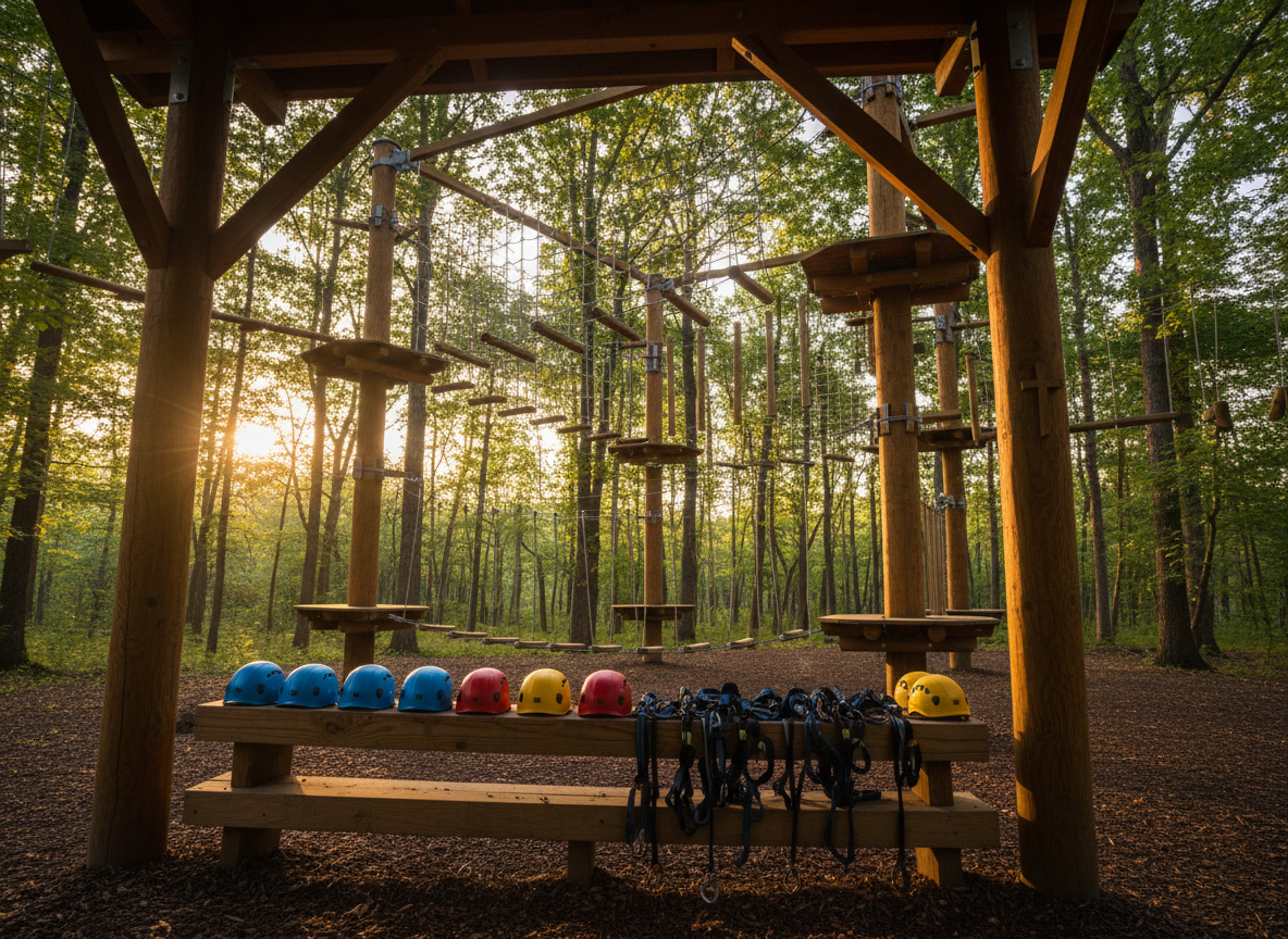 A well-equipped Christian adventure park area featuring a high ropes course structure made of thick, honey-colored wooden poles, steel cables, and neatly secured climbing elements. In the foreground, safety helmets and harnesses in bright, orderly rows rest on a long wooden bench beneath a shaded pavilion with a subtle cross symbol carved into a support beam. Late afternoon golden-hour sunlight casts warm highlights on the equipment and long shadows across the mulch-covered ground. Photographed from a low angle to emphasize height and structure, with a moderate depth of field keeping the course in crisp focus and the surrounding forest softly blurred. The mood is energetic yet safe and professional, reflecting organized Christian outdoor recreation without any people present.