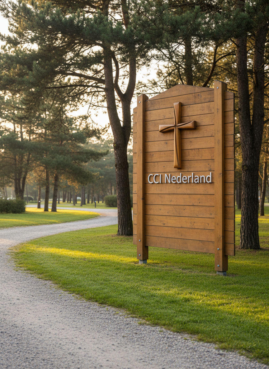 A well-maintained Christian campsite entrance sign crafted from warm-toned natural wood with a finely carved cross and the name “CCI Nederland” in clean, modern lettering. The sign is anchored in neatly trimmed green grass, framed by tall pine trees and a winding gravel path that leads deeper into the campgrounds. Late afternoon sunlight filters through the trees, casting soft, dappled light and gentle shadows across the scene. Photographed at eye level with a slight angle to reveal depth, the composition follows the rule of thirds, with a photographic realism style. The mood is welcoming, professional, and peaceful, suggesting organized Christian recreation in a natural setting.