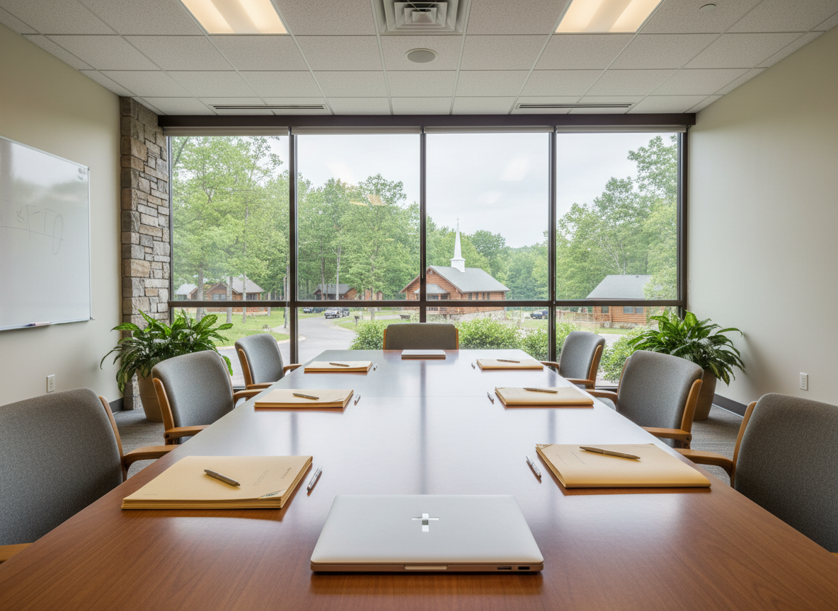 A modern, professional meeting room inside a Christian recreation conference center, showcasing a large wooden table with neatly arranged folders, pens, and a closed laptop bearing a subtle cross emblem on its cover. Behind the table, a wide window reveals a forested campground with cabins and a distant chapel steeple. Soft overcast daylight streams through the glass, creating even, low-contrast lighting that highlights clean lines and natural materials. Shot at eye level with a wide-angle lens, the composition balances interior details and the outdoor view. The photographic realism style creates a calm, organized atmosphere, suggesting strategic networking and collaboration among Christian camp and recreation leaders worldwide, without including any human figures.