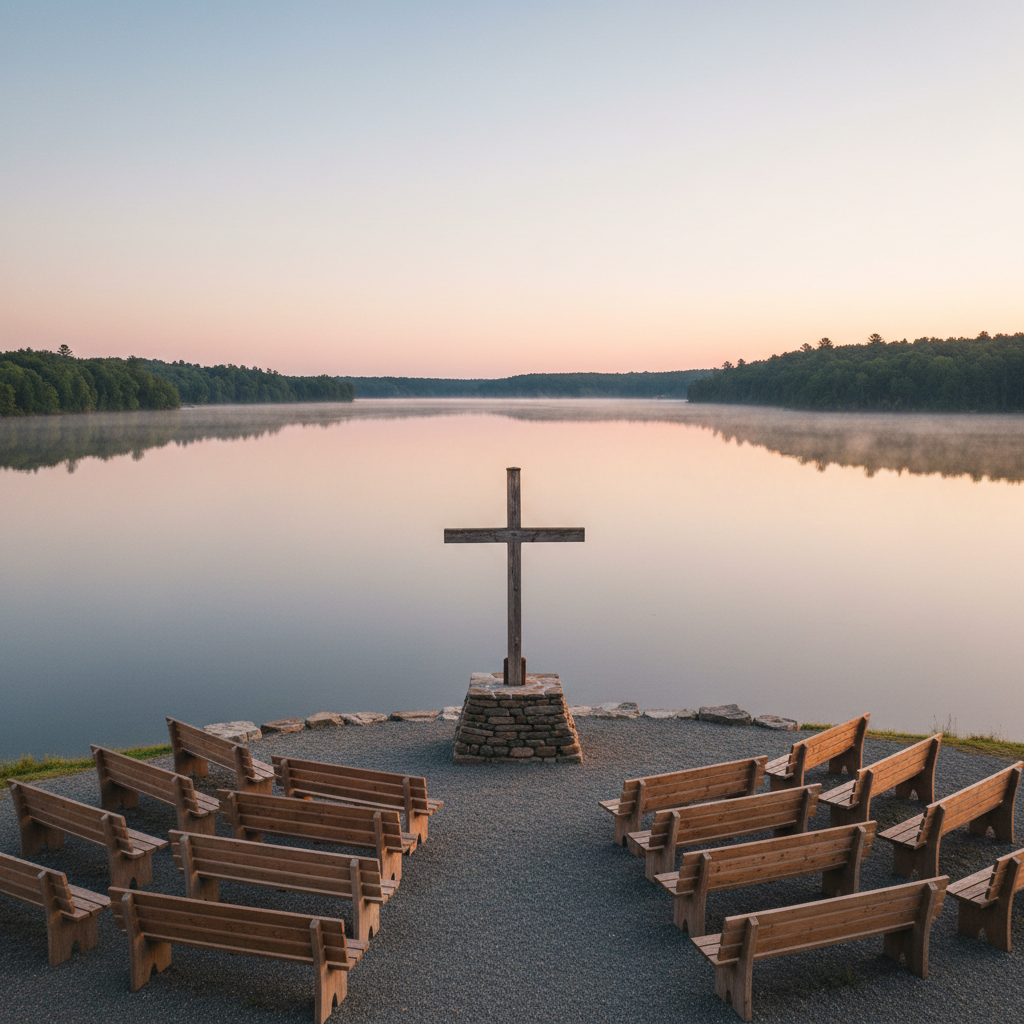 A tranquil lakeside worship area featuring a simple wooden cross mounted on a sturdy stone base at the water’s edge, surrounded by semicircular rows of empty wooden benches. The calm lake reflects the soft pastel colors of an early morning sky, with a distant tree line providing a serene backdrop. Diffused sunrise light creates a gentle glow on the cross and subtle mist above the water. Captured from a slightly elevated perspective with sharp focus throughout, the composition centers the cross while the benches lead the eye toward the horizon. The photographic image feels contemplative, organized, and professional, representing Christian recreation and retreat spaces without any people present.
