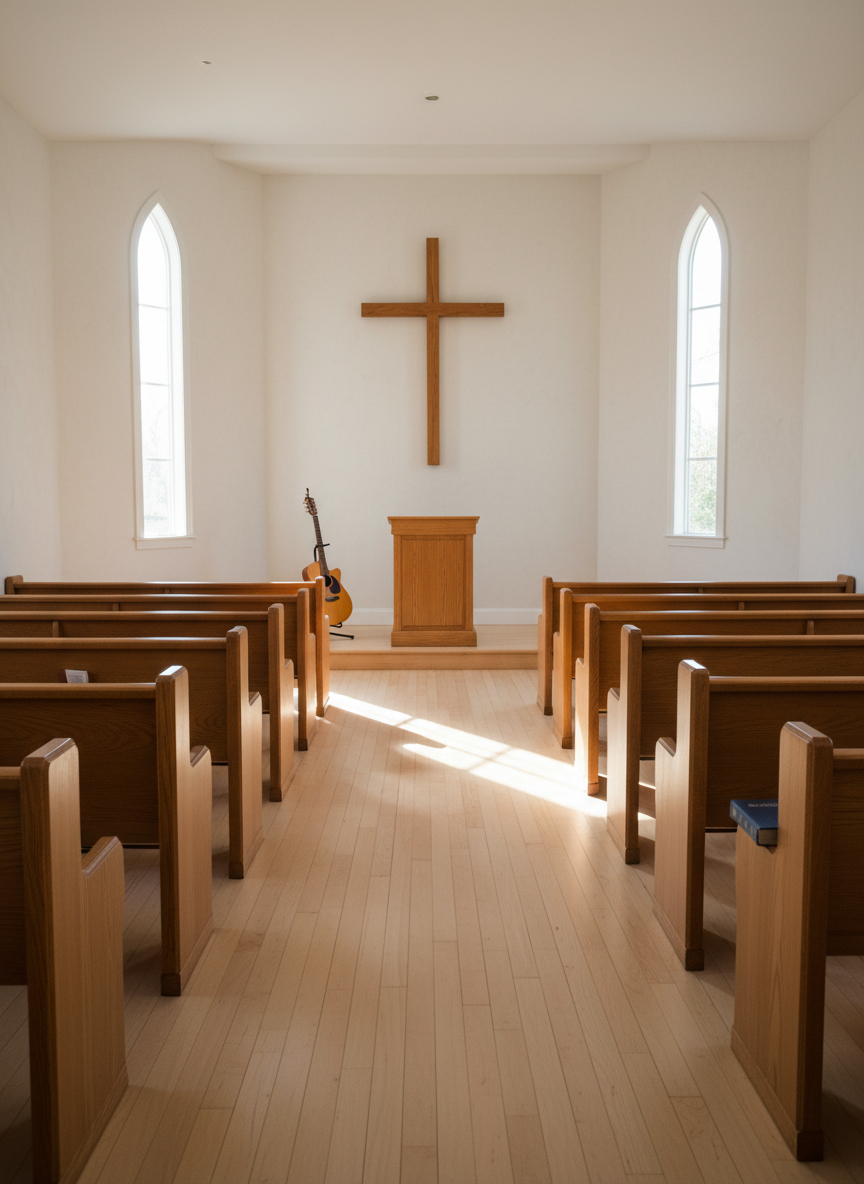 A cozy, pristine camp chapel interior with rows of simple wooden pews leading toward a modest wooden pulpit and a large, unadorned cross mounted on a white wall. Natural light pours in through tall, narrow windows on either side, casting soft beams that illuminate the polished wood floor and create gentle patterns of light and shadow. A guitar rests on a stand beside the pulpit and a closed hymnal lies on the front pew, hinting at worship and reflection. Captured from the back of the chapel at eye level, the composition uses leading lines from the pews to draw the eye to the cross. The photographic style is clean and reverent, evoking peaceful Christian gatherings at recreation centers worldwide.
