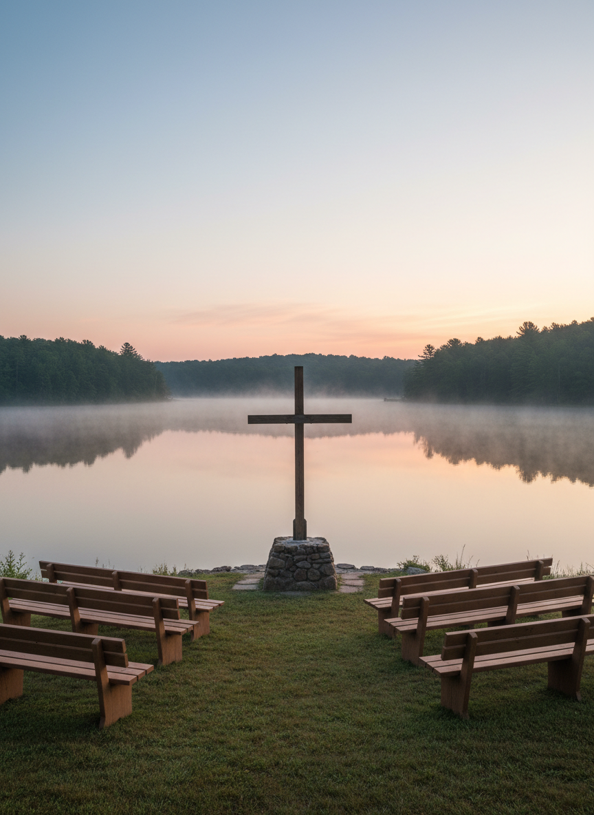 A tranquil lakeside worship area featuring a simple wooden cross mounted on a sturdy stone base at the water’s edge, surrounded by semicircular rows of empty wooden benches. The calm lake reflects the soft pastel colors of an early morning sky, with a distant tree line providing a serene backdrop. Diffused sunrise light creates a gentle glow on the cross and subtle mist above the water. Captured from a slightly elevated perspective with sharp focus throughout, the composition centers the cross while the benches lead the eye toward the horizon. The photographic image feels contemplative, organized, and professional, representing Christian recreation and retreat spaces without any people present.
