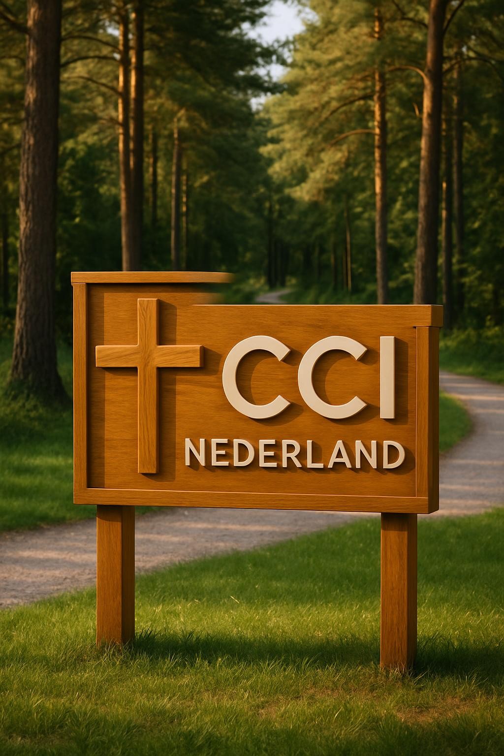 A well-maintained Christian campsite entrance sign crafted from warm-toned natural wood with a finely carved cross and the name “CCI Nederland” in clean, modern lettering. The sign is anchored in neatly trimmed green grass, framed by tall pine trees and a winding gravel path that leads deeper into the campgrounds. Late afternoon sunlight filters through the trees, casting soft, dappled light and gentle shadows across the scene. Photographed at eye level with a slight angle to reveal depth, the composition follows the rule of thirds, with a photographic realism style. The mood is welcoming, professional, and peaceful, suggesting organized Christian recreation in a natural setting.